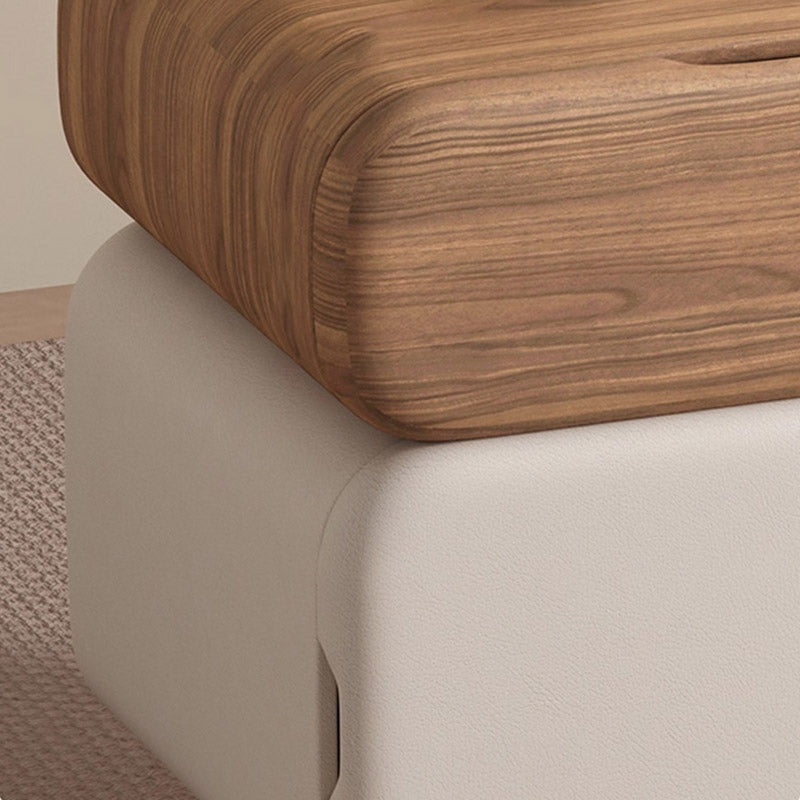 Modern Minimalist Solid Wood & Plywood Faux Leather Rounded Rectangular Nightstand With 3 Drawer Storage For Bedroom