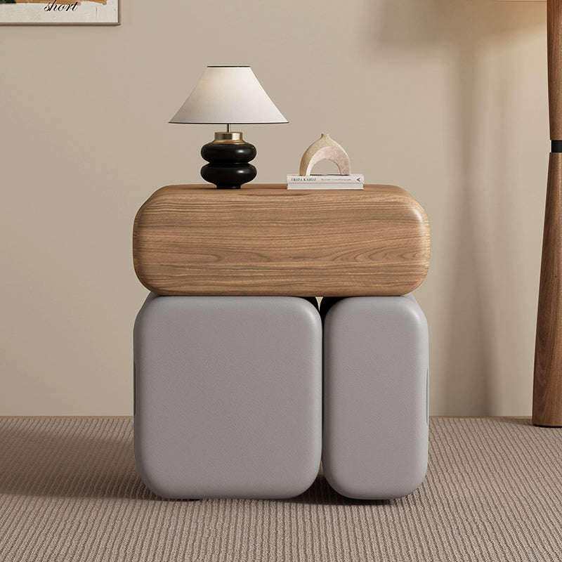 Modern Minimalist Solid Wood & Plywood Faux Leather Rounded Rectangular Nightstand With 3 Drawer Storage For Bedroom
