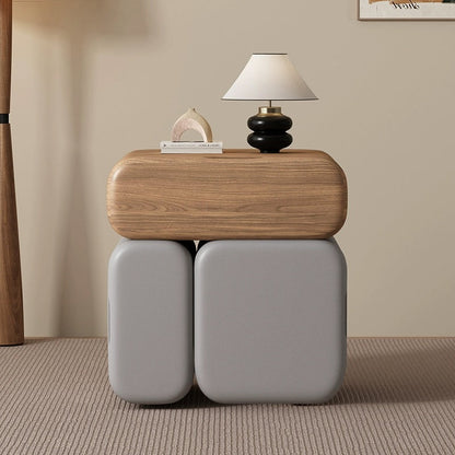 Modern Minimalist Solid Wood & Plywood Faux Leather Rounded Rectangular Nightstand With 3 Drawer Storage For Bedroom