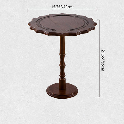 Traditional European Solid North American Red Oak Round Side Table With Wavy Carved Edge For Living Room
