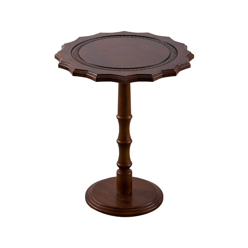 Traditional European Solid North American Red Oak Round Side Table With Wavy Carved Edge For Living Room