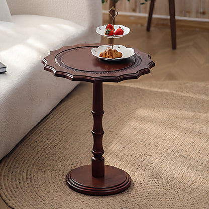 Traditional European Solid North American Red Oak Round Side Table With Wavy Carved Edge For Living Room