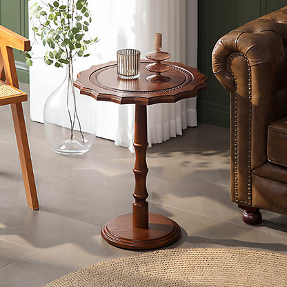Traditional European Solid North American Red Oak Round Side Table With Wavy Carved Edge For Living Room