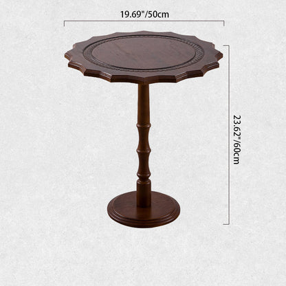 Traditional European Solid North American Red Oak Round Side Table With Wavy Carved Edge For Living Room