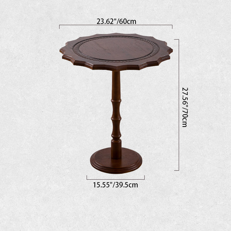 Traditional European Solid North American Red Oak Round Side Table With Wavy Carved Edge For Living Room