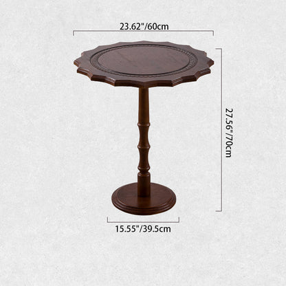 Traditional European Solid North American Red Oak Round Side Table With Wavy Carved Edge For Living Room