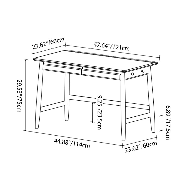Modern Minimalist Solid Cherry Wood Glass Rectangular Desk With 2 Drawers & Side Hook For Home Office
