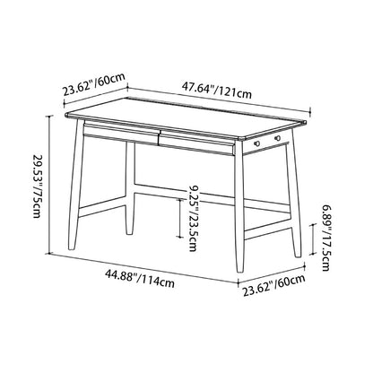 Modern Minimalist Solid Cherry Wood Glass Rectangular Desk With 2 Drawers & Side Hook For Home Office