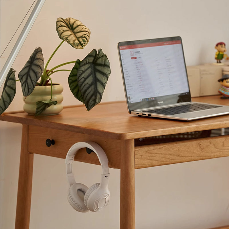 Modern Minimalist Solid Cherry Wood Glass Rectangular Desk With 2 Drawers & Side Hook For Home Office