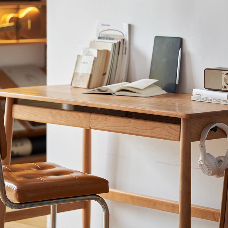 Modern Minimalist Solid Cherry Wood Glass Rectangular Desk With 2 Drawers & Side Hook For Home Office