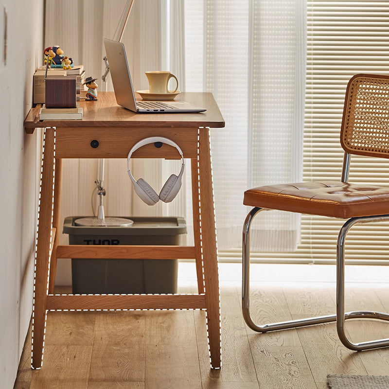 Modern Minimalist Solid Cherry Wood Glass Rectangular Desk With 2 Drawers & Side Hook For Home Office