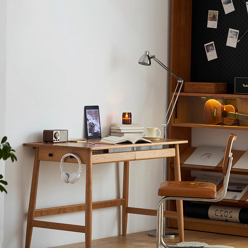 Modern Minimalist Solid Cherry Wood Glass Rectangular Desk With 2 Drawers & Side Hook For Home Office