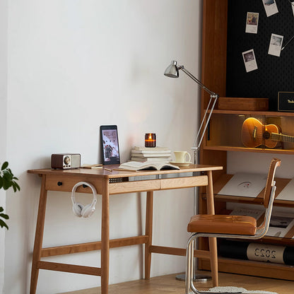 Modern Minimalist Solid Cherry Wood Glass Rectangular Desk With 2 Drawers & Side Hook For Home Office