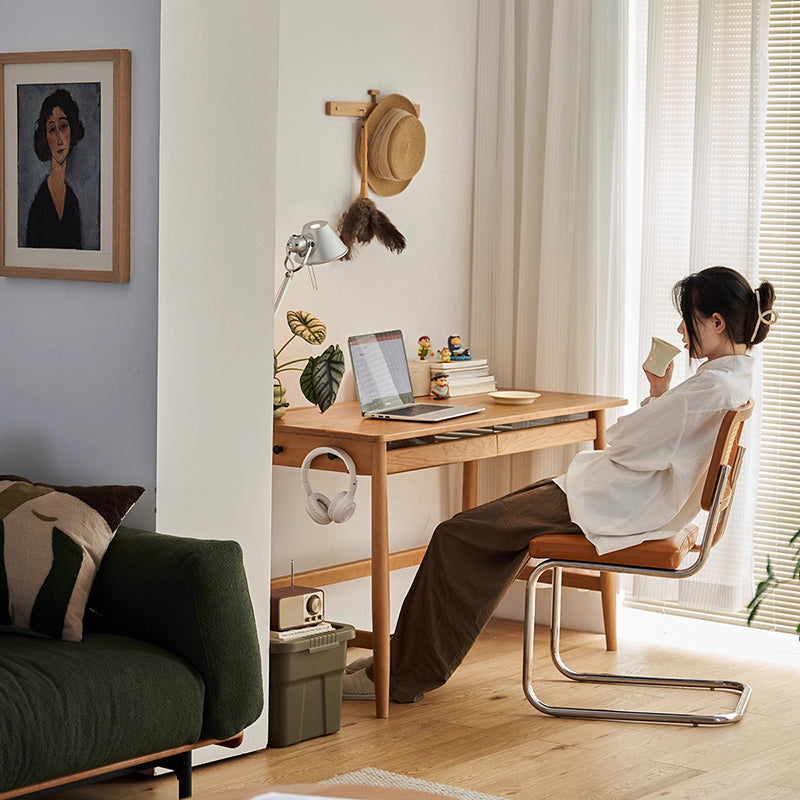 Modern Minimalist Solid Cherry Wood Glass Rectangular Desk With 2 Drawers & Side Hook For Home Office
