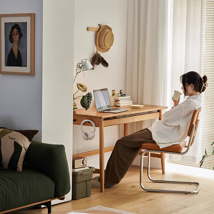 Modern Minimalist Solid Cherry Wood Glass Rectangular Desk With 2 Drawers & Side Hook For Home Office