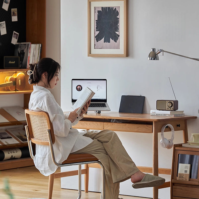Modern Minimalist Solid Cherry Wood Glass Rectangular Desk With 2 Drawers & Side Hook For Home Office