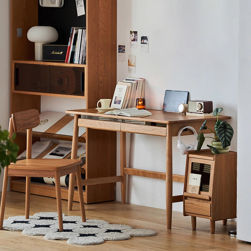 Modern Minimalist Solid Cherry Wood Glass Rectangular Desk With 2 Drawers & Side Hook For Home Office