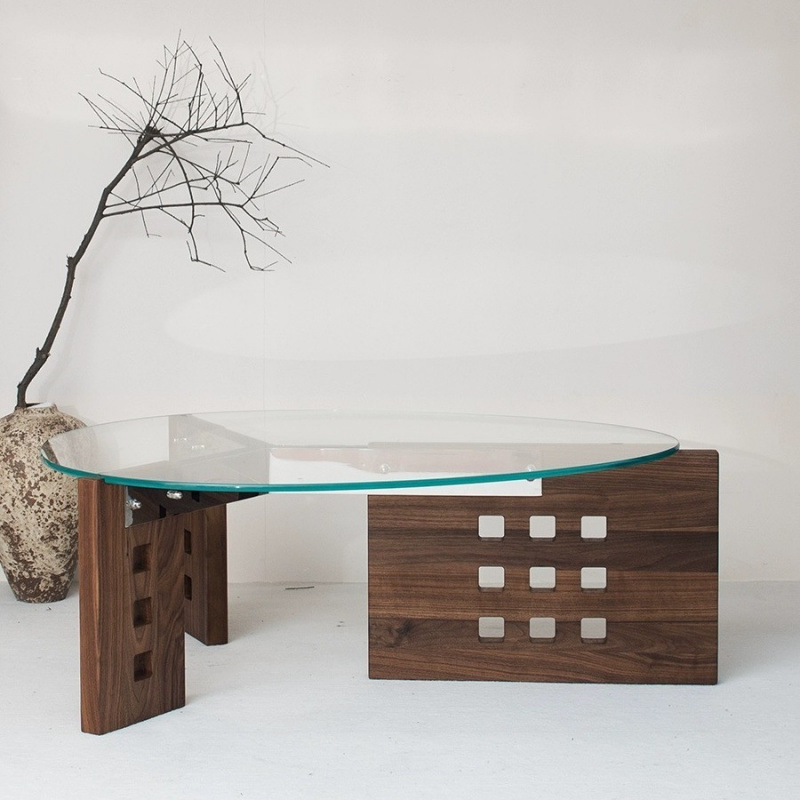 Modern Minimalist Tempered Glass Stainless Steel Solid Wood Oval Coffee Table With Perforated Base Single-Tier Table For Living Room