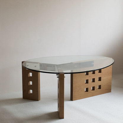 Modern Minimalist Tempered Glass Stainless Steel Solid Wood Oval Coffee Table With Perforated Base Single-Tier Table For Living Room