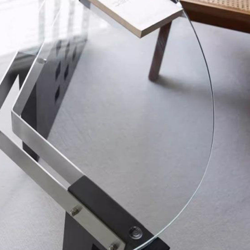 Modern Minimalist Tempered Glass Stainless Steel Solid Wood Oval Coffee Table With Perforated Base Single-Tier Table For Living Room