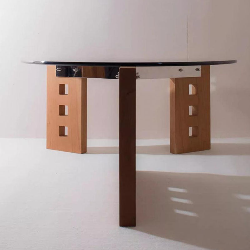 Modern Minimalist Tempered Glass Stainless Steel Solid Wood Oval Coffee Table With Perforated Base Single-Tier Table For Living Room