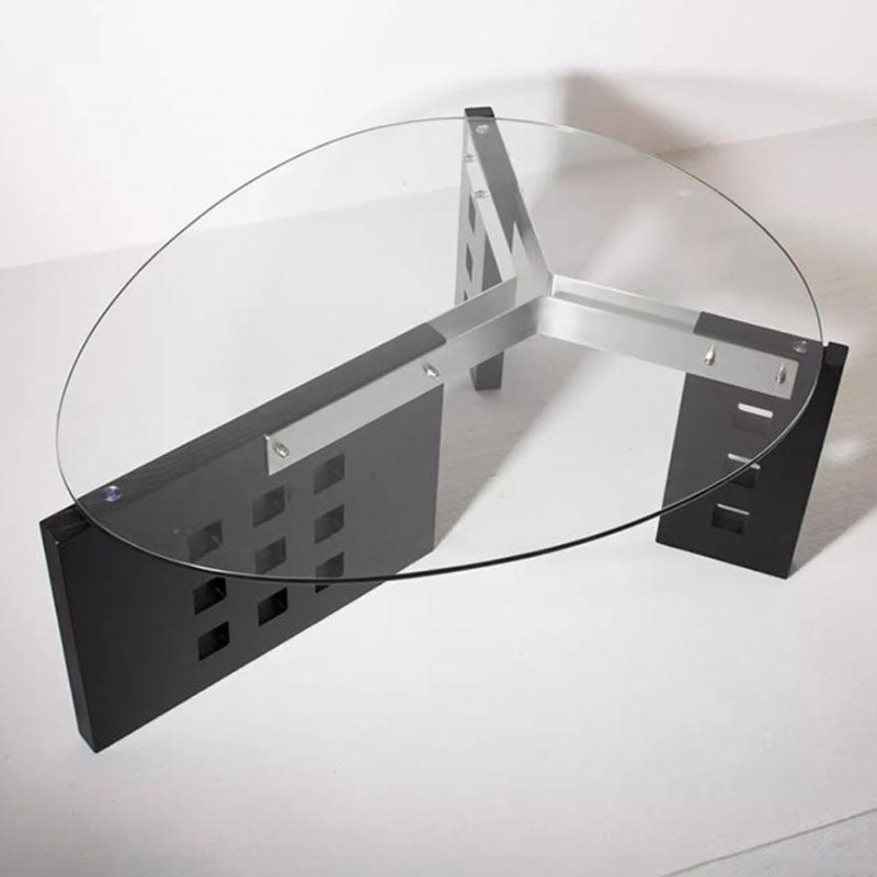 Modern Minimalist Tempered Glass Stainless Steel Solid Wood Oval Coffee Table With Perforated Base Single-Tier Table For Living Room