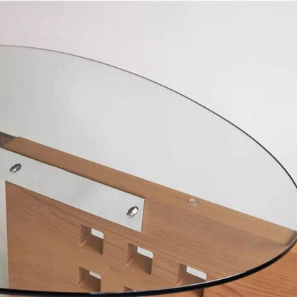 Modern Minimalist Tempered Glass Stainless Steel Solid Wood Oval Coffee Table With Perforated Base Single-Tier Table For Living Room