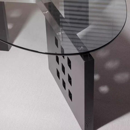 Modern Minimalist Tempered Glass Stainless Steel Solid Wood Oval Coffee Table With Perforated Base Single-Tier Table For Living Room
