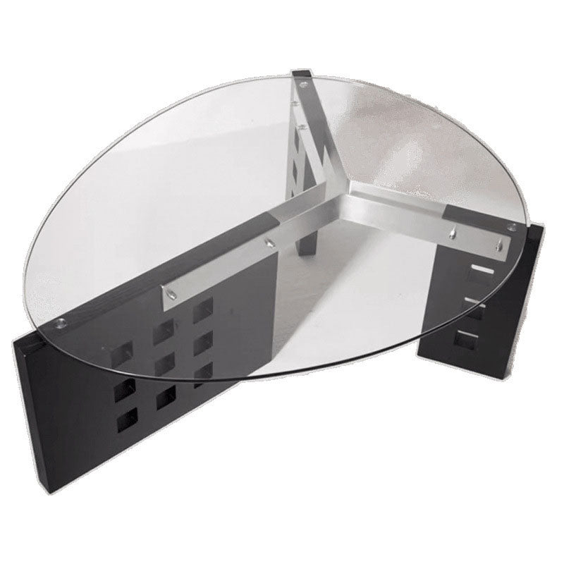 Modern Minimalist Tempered Glass Stainless Steel Solid Wood Oval Coffee Table With Perforated Base Single-Tier Table For Living Room
