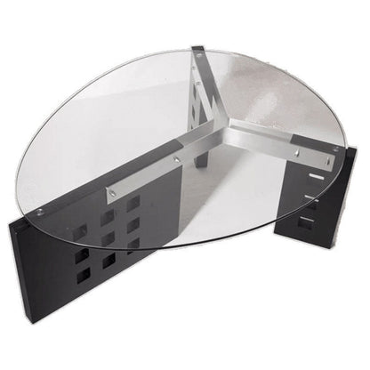 Modern Minimalist Tempered Glass Stainless Steel Solid Wood Oval Coffee Table With Perforated Base Single-Tier Table For Living Room