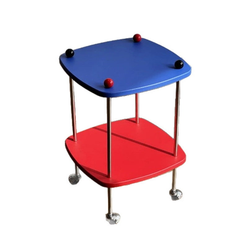 Modern Eclectic Square Rounded-Edge MDF Carbon Steel Rolling Side Table 2-Tier For Living Room