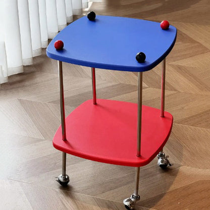 Modern Eclectic Square Rounded-Edge MDF Carbon Steel Rolling Side Table 2-Tier For Living Room