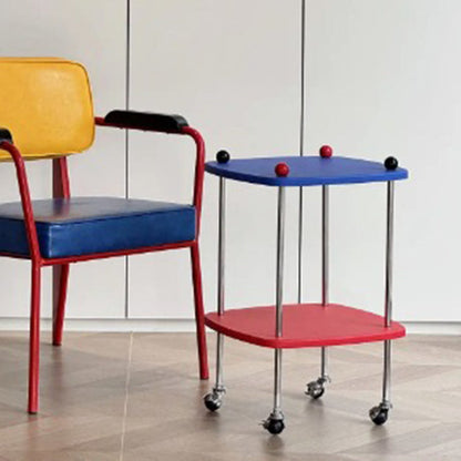 Modern Eclectic Square Rounded-Edge MDF Carbon Steel Rolling Side Table 2-Tier For Living Room