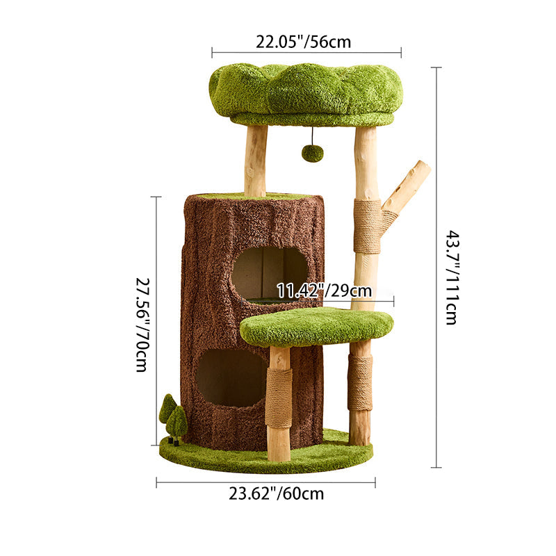 Contemporary Creative Round Particleboard Natural Fruitwood Velvet Fabric Sisal 2-Condo 2-Perch Cat Tree For Living Room