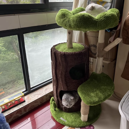 Contemporary Creative Round Particleboard Natural Fruitwood Velvet Fabric Sisal 2-Condo 2-Perch Cat Tree For Living Room