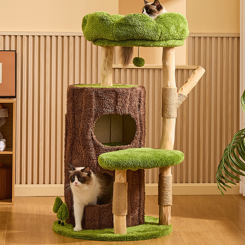 Contemporary Creative Round Particleboard Natural Fruitwood Velvet Fabric Sisal 2-Condo 2-Perch Cat Tree For Living Room