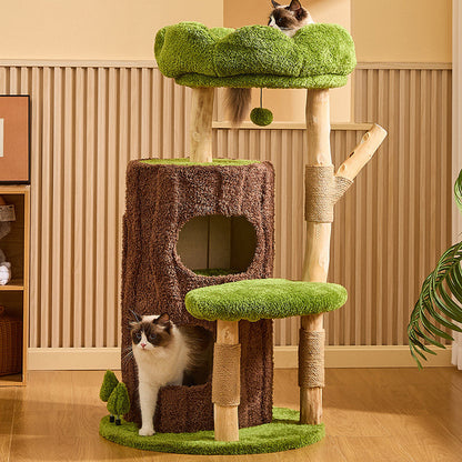 Contemporary Creative Round Particleboard Natural Fruitwood Velvet Fabric Sisal 2-Condo 2-Perch Cat Tree For Living Room