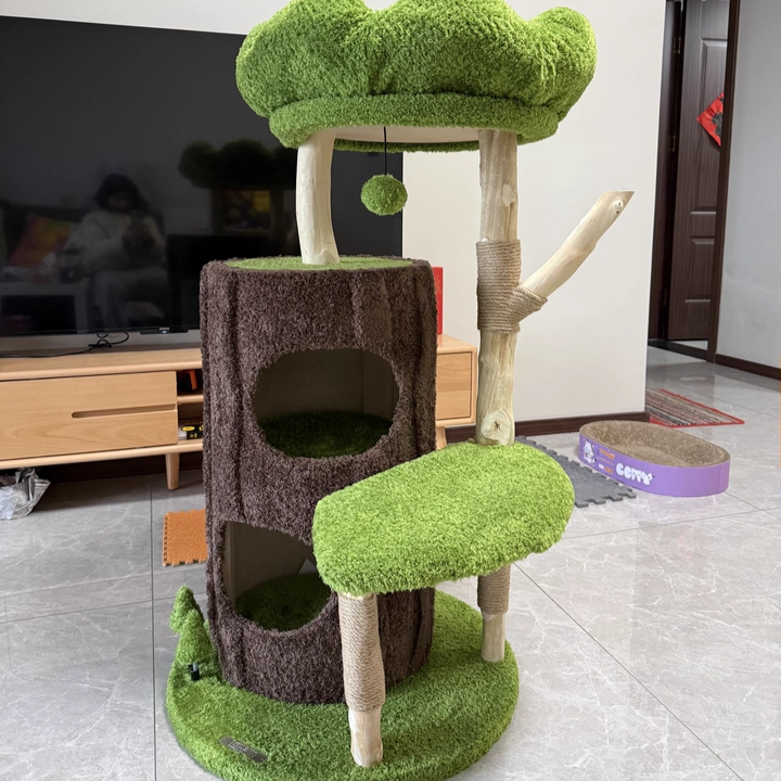 Contemporary Creative Round Particleboard Natural Fruitwood Velvet Fabric Sisal 2-Condo 2-Perch Cat Tree For Living Room