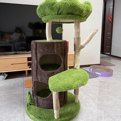 Contemporary Creative Round Particleboard Natural Fruitwood Velvet Fabric Sisal 2-Condo 2-Perch Cat Tree For Living Room
