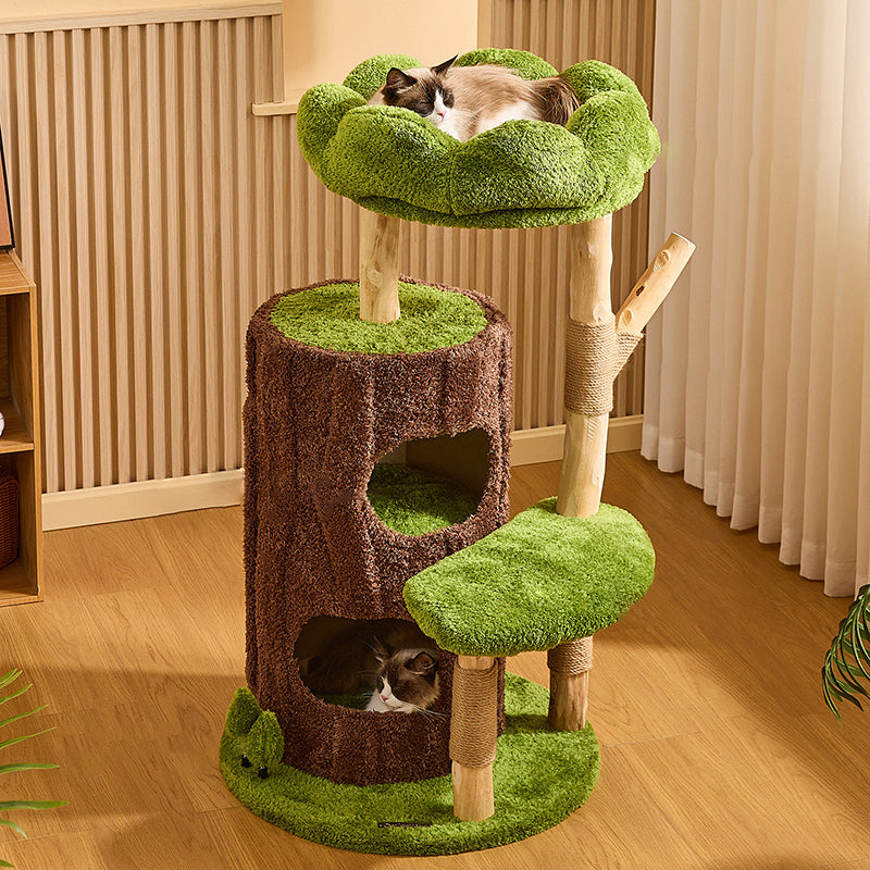 Contemporary Creative Round Particleboard Natural Fruitwood Velvet Fabric Sisal 2-Condo 2-Perch Cat Tree For Living Room