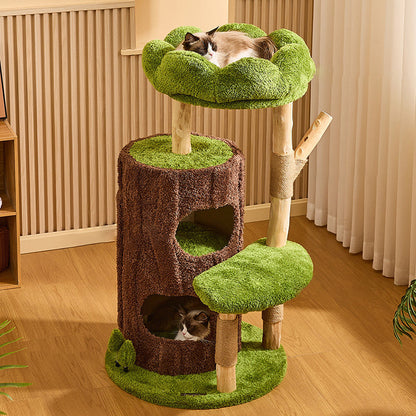 Contemporary Creative Round Particleboard Natural Fruitwood Velvet Fabric Sisal 2-Condo 2-Perch Cat Tree For Living Room