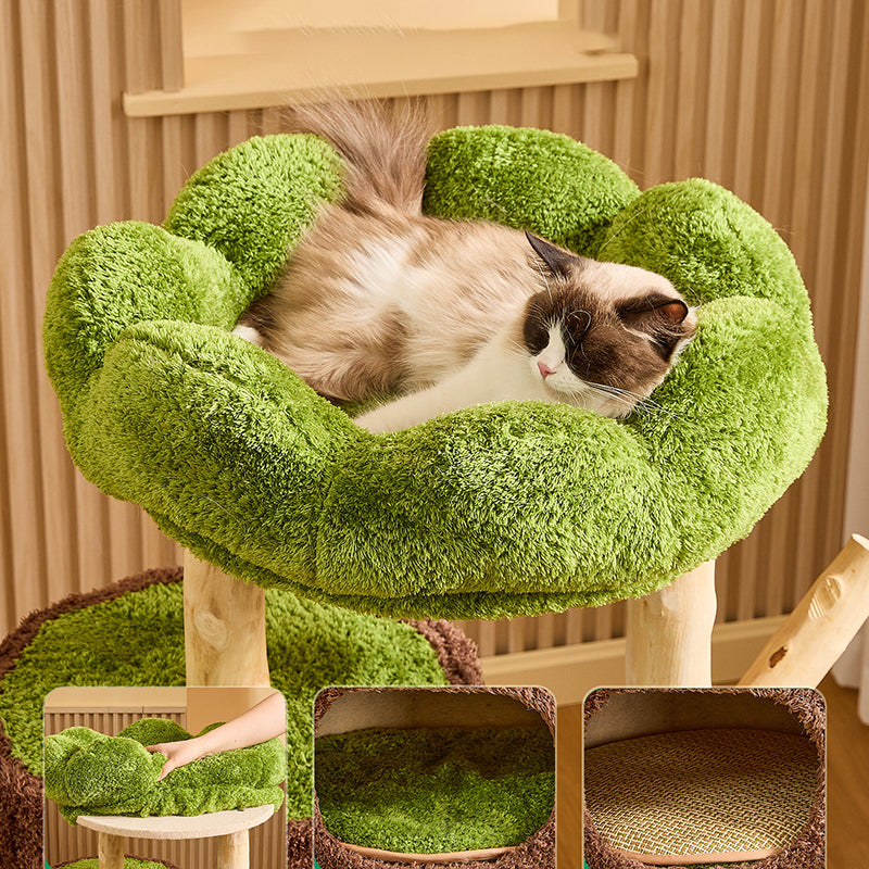 Contemporary Creative Round Particleboard Natural Fruitwood Velvet Fabric Sisal 2-Condo 2-Perch Cat Tree For Living Room