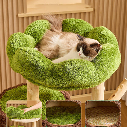Contemporary Creative Round Particleboard Natural Fruitwood Velvet Fabric Sisal 2-Condo 2-Perch Cat Tree For Living Room
