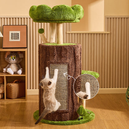Contemporary Creative Round Particleboard Natural Fruitwood Velvet Fabric Sisal 2-Condo 2-Perch Cat Tree For Living Room