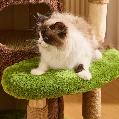 Contemporary Creative Round Particleboard Natural Fruitwood Velvet Fabric Sisal 2-Condo 2-Perch Cat Tree For Living Room