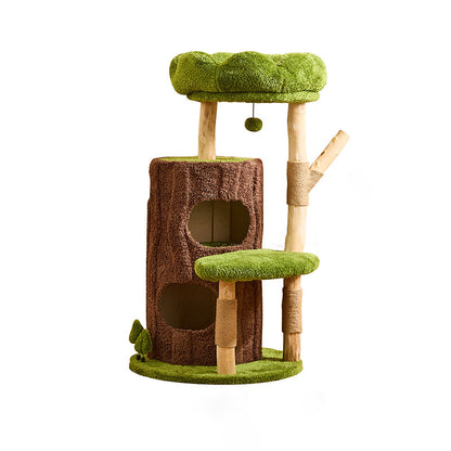 Contemporary Creative Round Particleboard Natural Fruitwood Velvet Fabric Sisal 2-Condo 2-Perch Cat Tree For Living Room