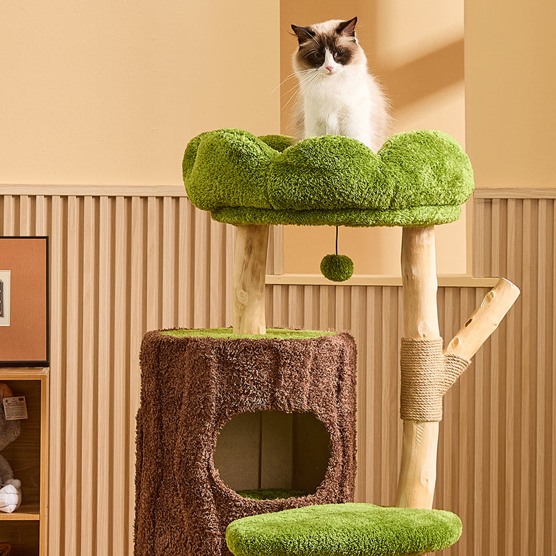 Contemporary Creative Round Particleboard Natural Fruitwood Velvet Fabric Sisal 2-Condo 2-Perch Cat Tree For Living Room