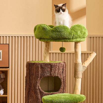Contemporary Creative Round Particleboard Natural Fruitwood Velvet Fabric Sisal 2-Condo 2-Perch Cat Tree For Living Room