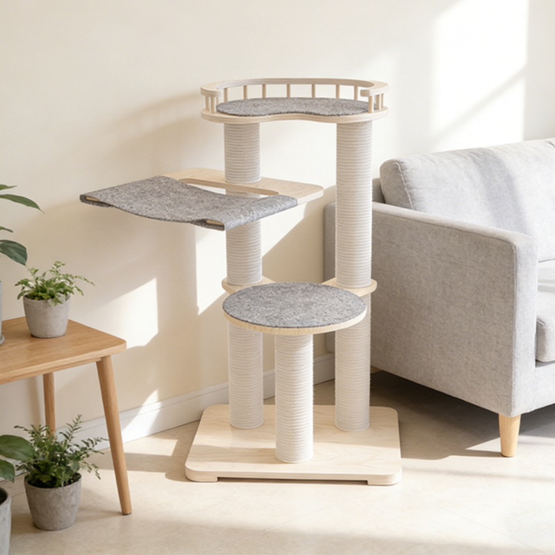 Contemporary Scandinavian Round Plywood Felt Paper Rope Cat Tree For Bedroom