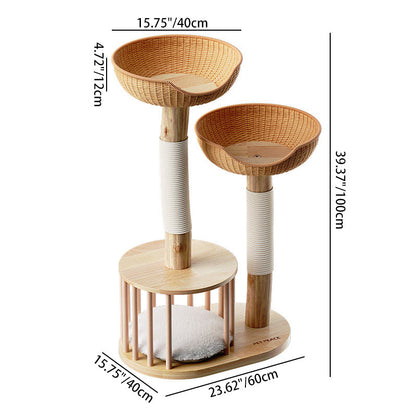 Traditional Japanese Round Rubberwood Natural Fruitwood Sisal 1-Condo 2-Perch Cat Tree For Bedroom